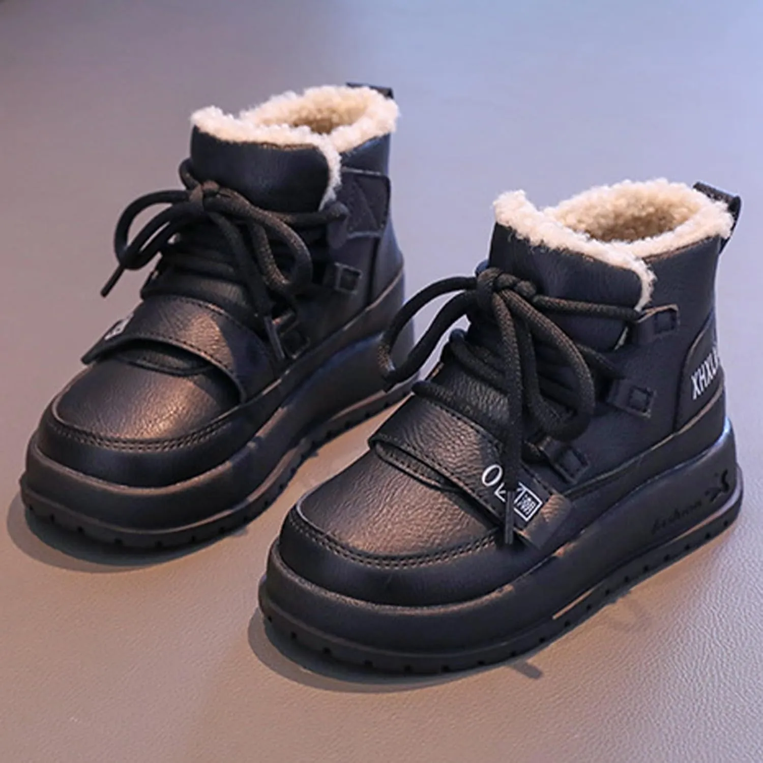 Winter Snow Boots Kids Fr Lined Snow Warm Winter Boots Lce Up Non Slip Ankle Booties Boys Comfortable Fuzzy Boots