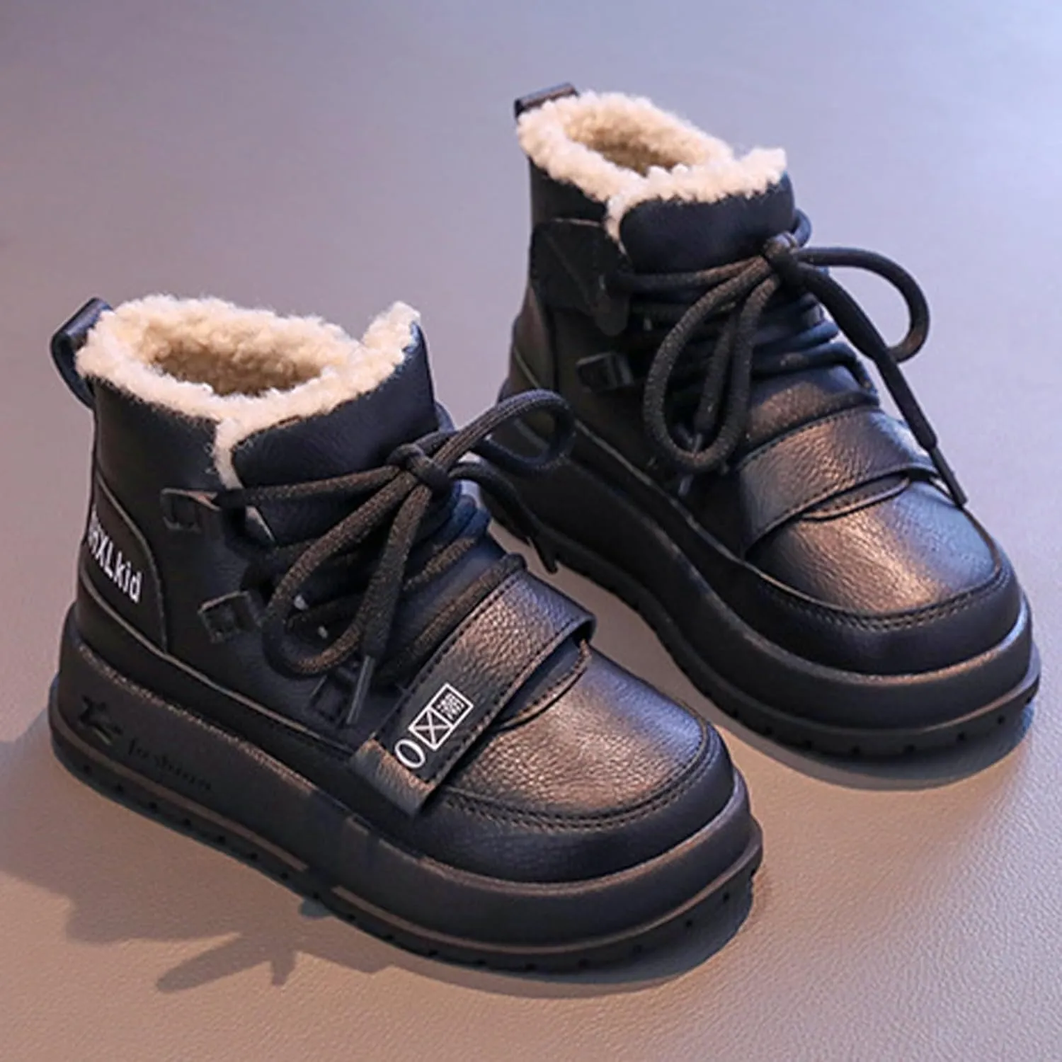 Winter Snow Boots Kids Fr Lined Snow Warm Winter Boots Lce Up Non Slip Ankle Booties Boys Comfortable Fuzzy Boots