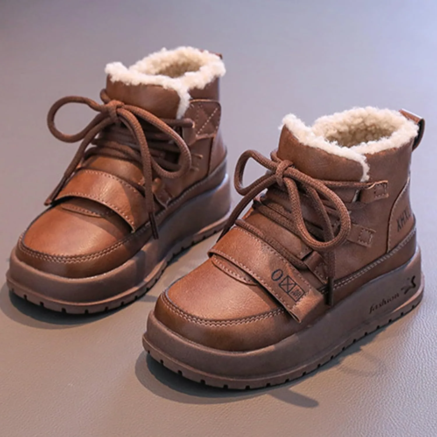 Winter Snow Boots Kids Fr Lined Snow Warm Winter Boots Lce Up Non Slip Ankle Booties Boys Comfortable Fuzzy Boots