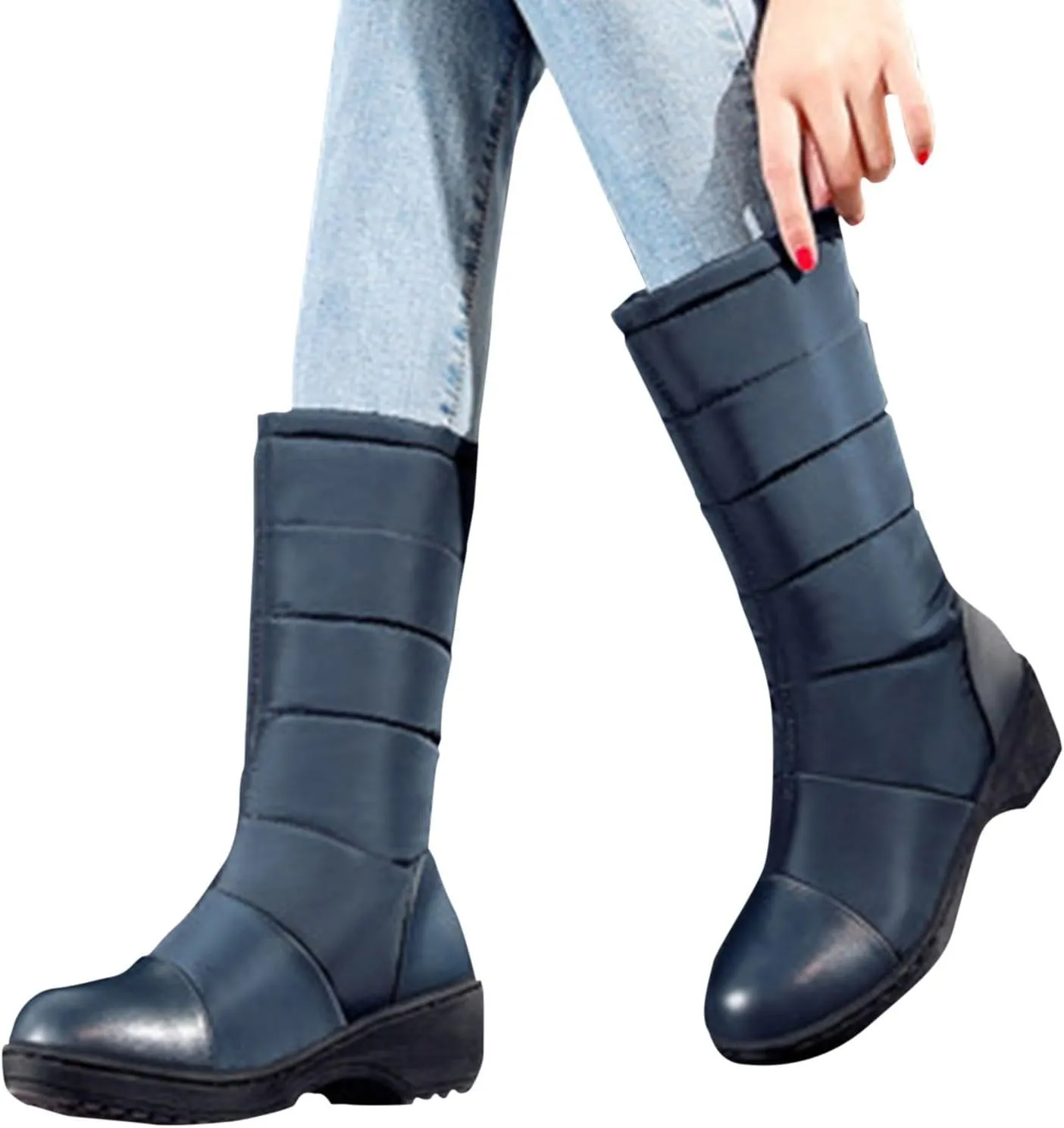 Winter Warm Padded New Flat Bottom Thickened Down Fabric Mid Calf Snow Boots Big Size Womens Fashion Boots Wide