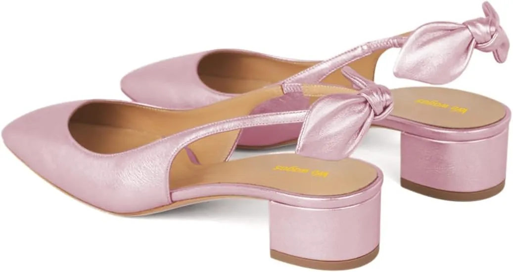 Women's Bowknots Elastic Strap Slingback Pumps Squared Toe Slip On Low Block Heels Wedding Ballroom Shoes Size 4-16 US