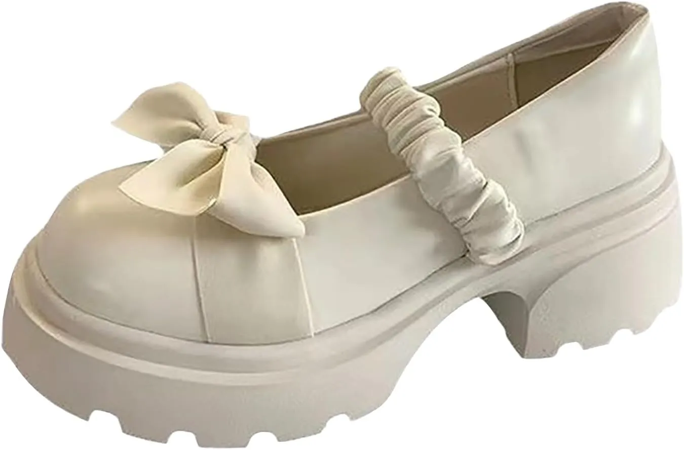 Women’s Elegant Mary Jane Shoes Bow Chunky Heel Loafers Elastic Band Business Work Shoes Slip On Work Shoes