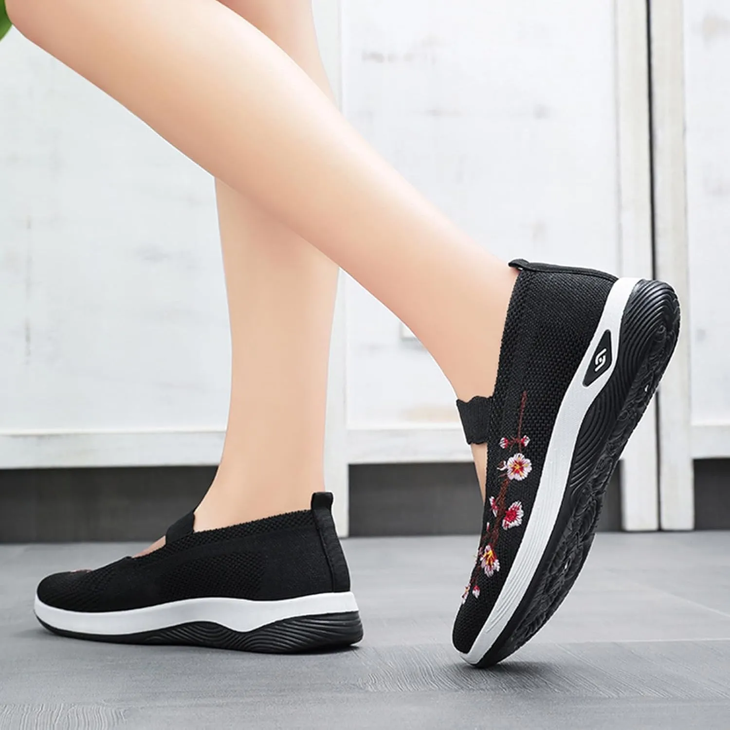 Women's Flower Embroidered Knitting Flat Loafers Casual Breathable Mesh Slip-On Orthopedic Shoes Lightweight Comfortable Soft Sole Walking Shoes with Arch Support