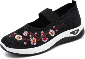 Women's Flower Embroidered Knitting Flat Loafers Casual Breathable Mesh Slip-On Orthopedic Shoes Lightweight Comfortable Soft Sole Walking Shoes with Arch Support