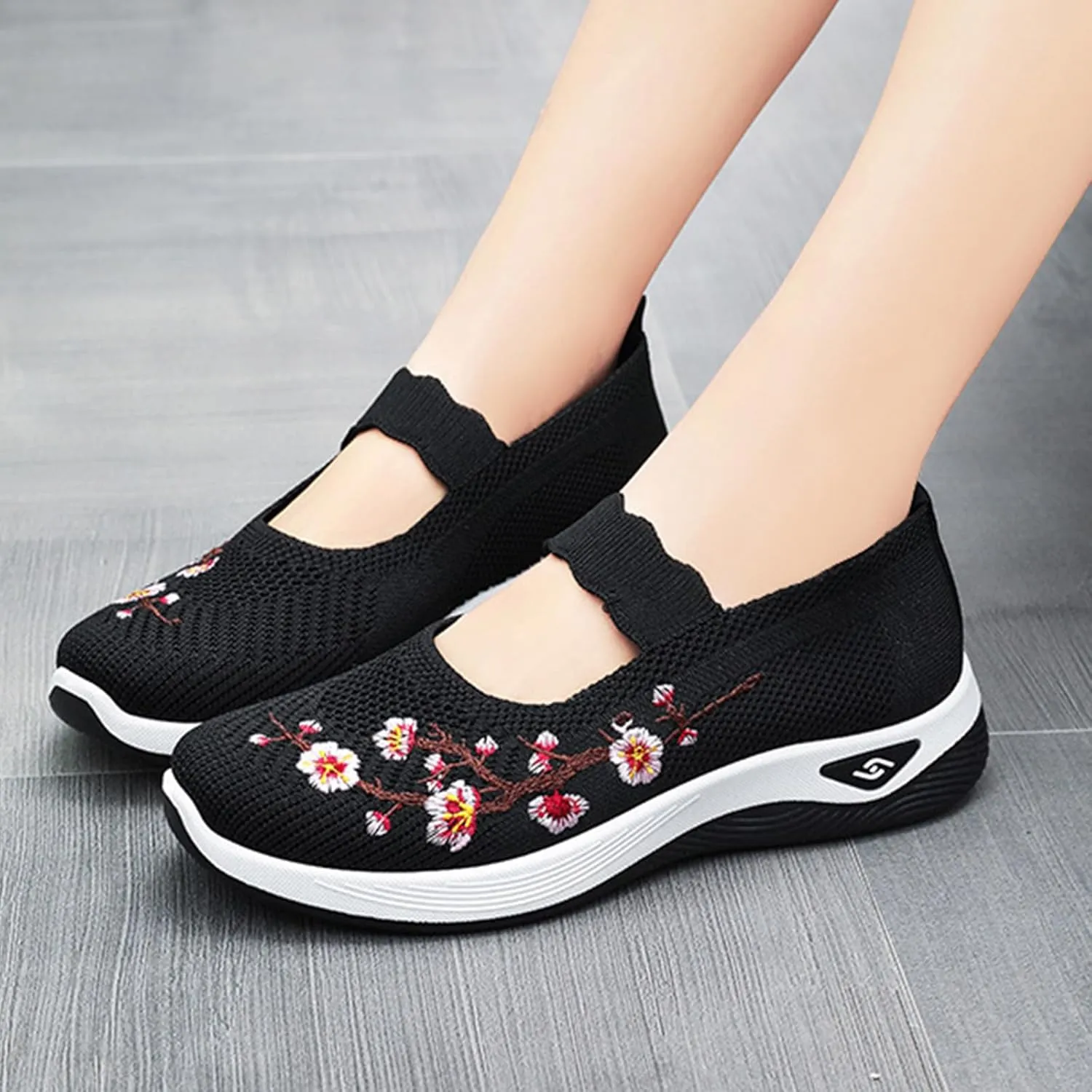 Women's Flower Embroidered Knitting Flat Loafers Casual Breathable Mesh Slip-On Orthopedic Shoes Lightweight Comfortable Soft Sole Walking Shoes with Arch Support