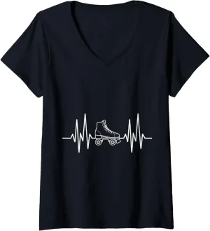 Womens Heartbeat EKG Roller Skate Shoes Roller Skating V-Neck T-Shirt
