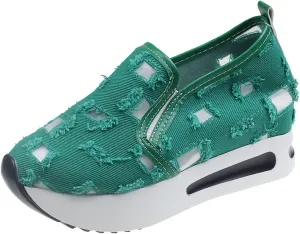 Women's Hollow Canvas Platform Loafers Mesh Slip On Walking Shoes Breathable Walking Work Shoes with Arch Support Non-Slip Wedge Casual Shoe
