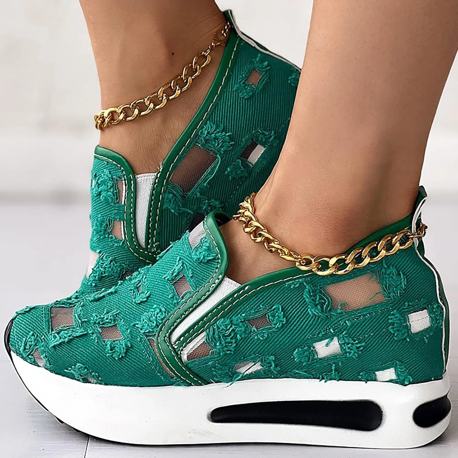 Women's Hollow Canvas Platform Loafers Mesh Slip On Walking Shoes Breathable Walking Work Shoes with Arch Support Non-Slip Wedge Casual Shoe