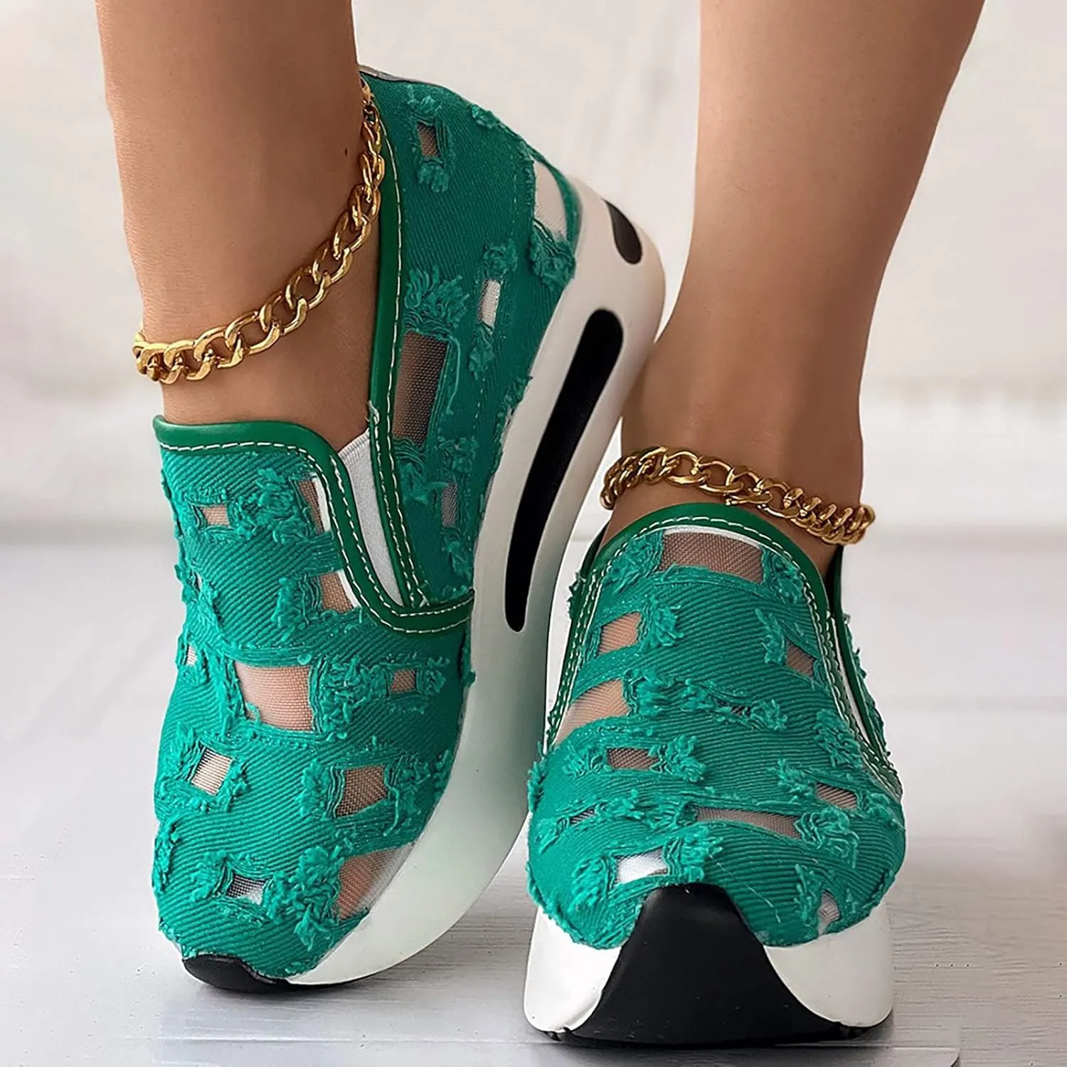 Women's Hollow Canvas Platform Loafers Mesh Slip On Walking Shoes Breathable Walking Work Shoes with Arch Support Non-Slip Wedge Casual Shoe