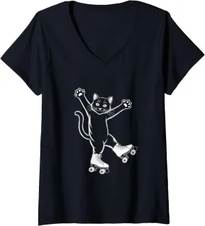 Womens Line Art Realistic Cat in Roller Skate Shoes Roller Skating V-Neck T-Shirt
