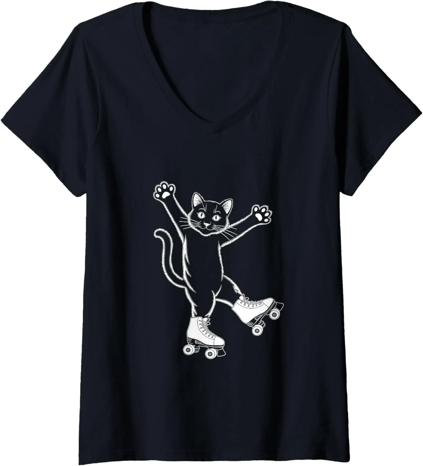 Womens Line Art Realistic Cat in Roller Skate Shoes Roller Skating V-Neck T-Shirt