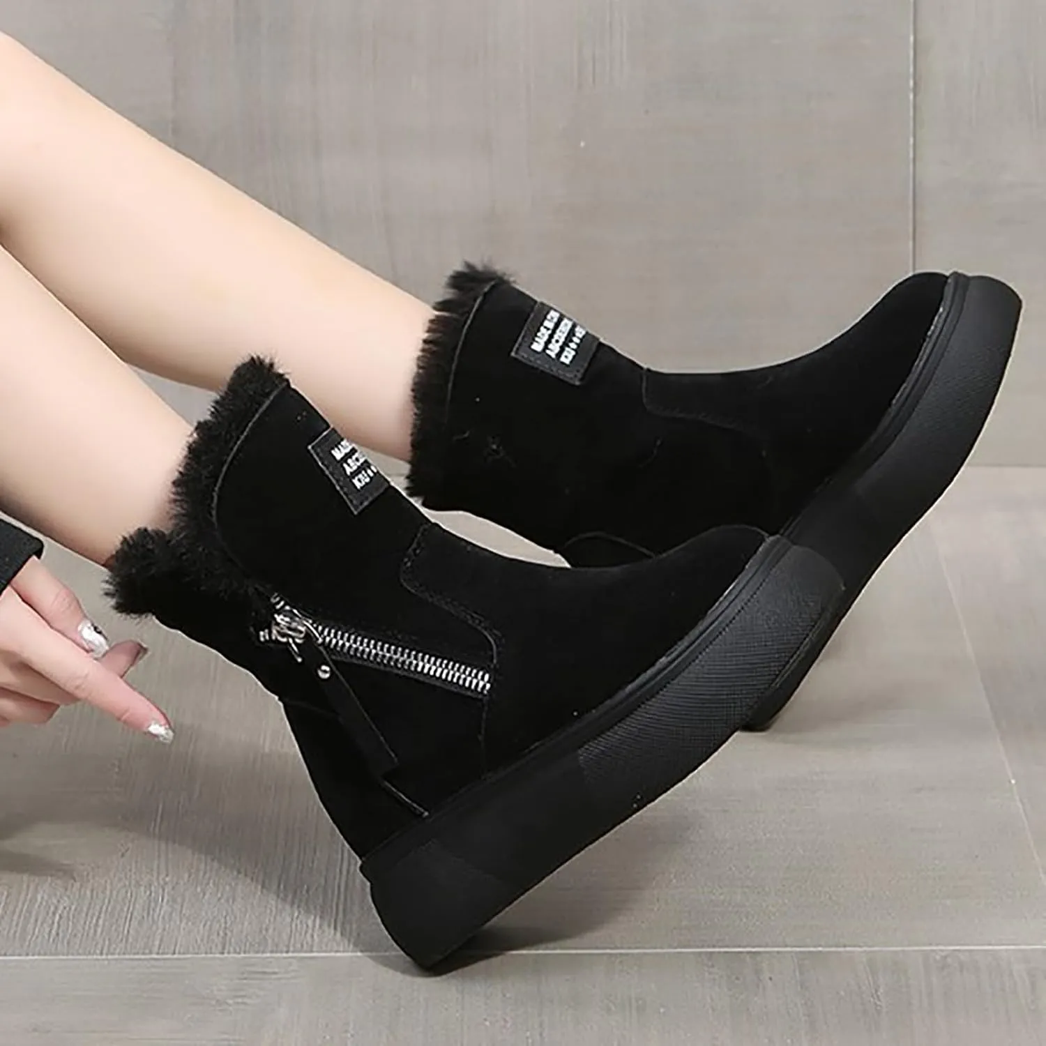 Women's Mid Calf Snow Boots Wool Warm Winter Boots Soft Memory Foam Boots Flat Soled Side Zipper Snow Boots