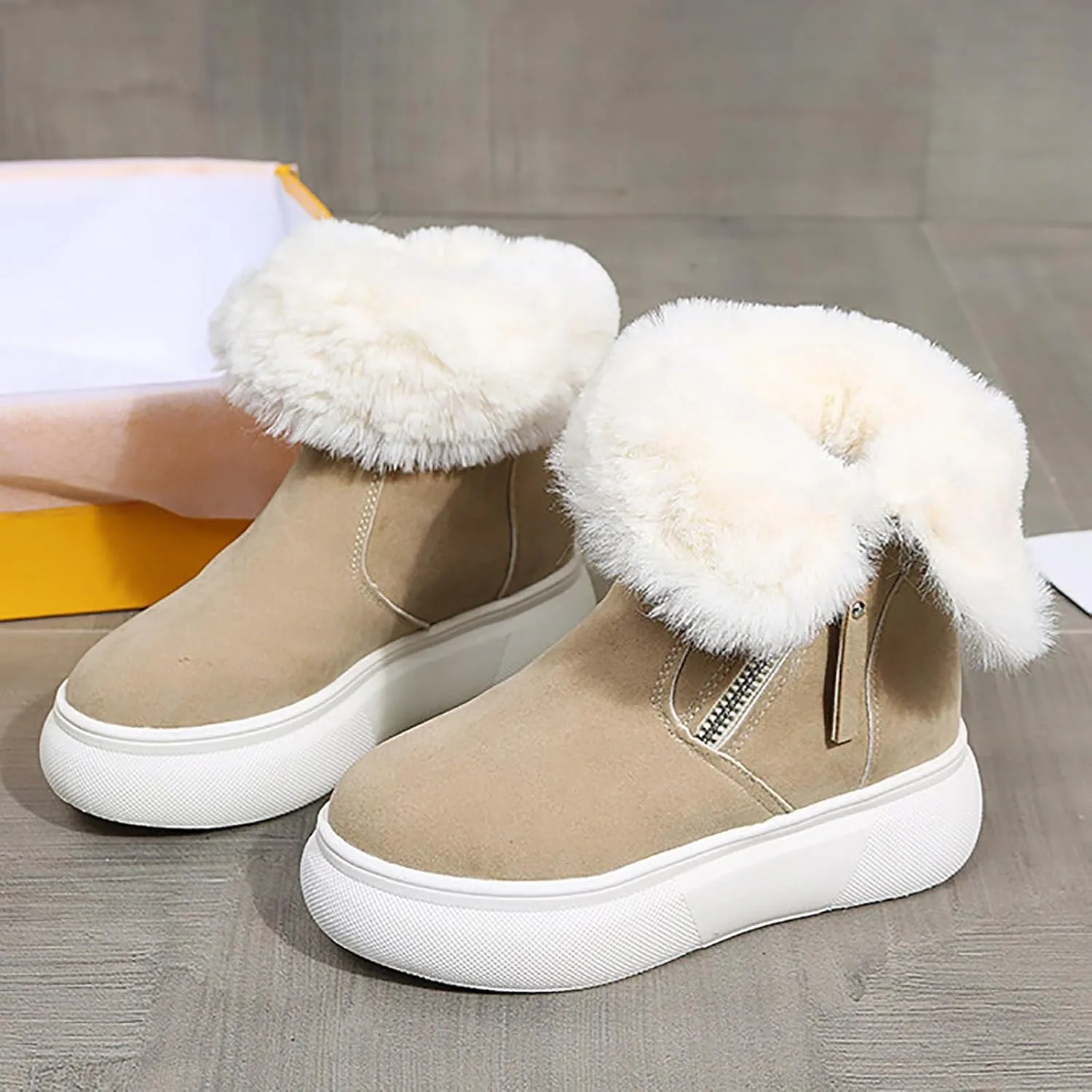 Women's Mid Calf Snow Boots Wool Warm Winter Boots Soft Memory Foam Boots Flat Soled Side Zipper Snow Boots