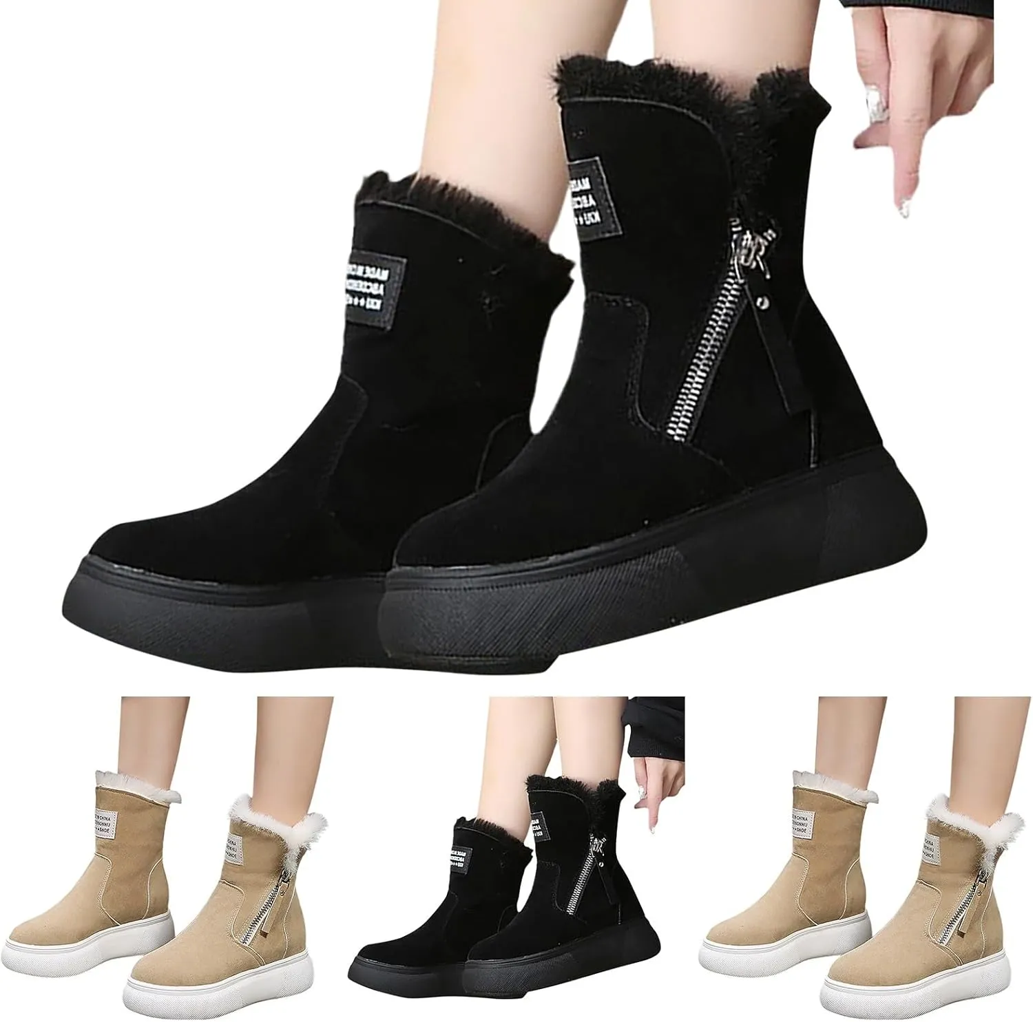 Women's Mid Calf Snow Boots Wool Warm Winter Boots Soft Memory Foam Boots Flat Soled Side Zipper Snow Boots