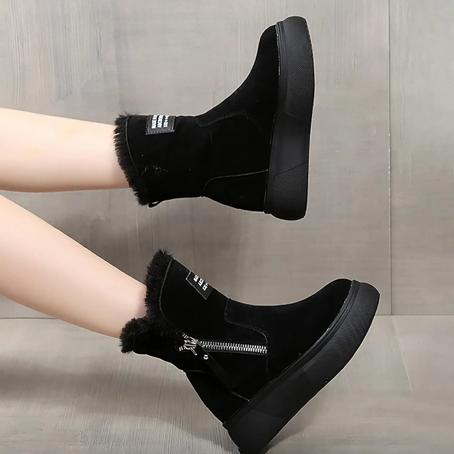 Women's Mid Calf Snow Boots Wool Warm Winter Boots Soft Memory Foam Boots Flat Soled Side Zipper Snow Boots