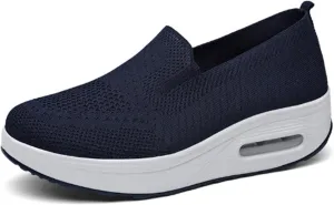 Women's Orthopedic Sneakers Summer Casual Breathable Mesh Hollow Out Slip on Walking Shoes Trendy Comfortable Air Cushion Stretch Diabetic Platform Sneakers with Arch Support