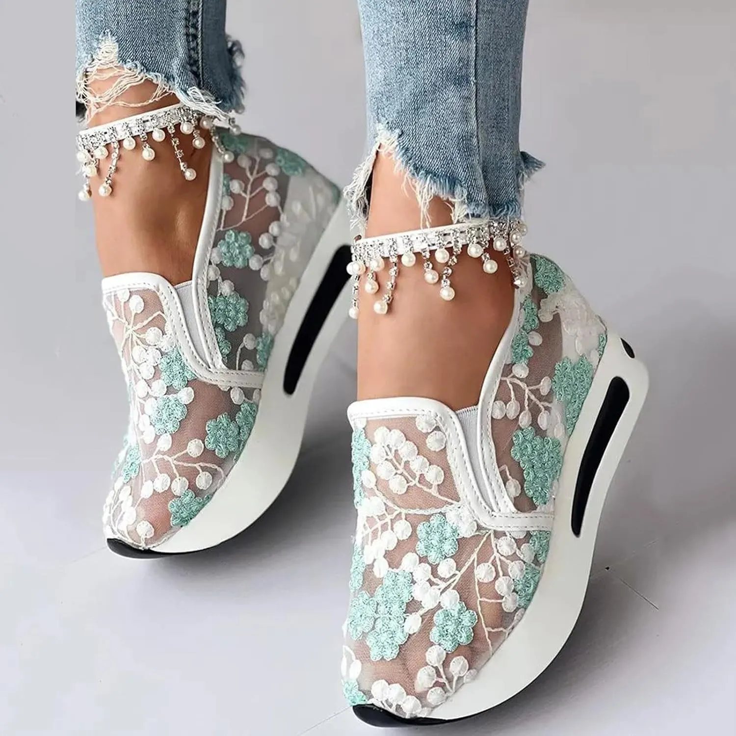 Women's Platform Wedge Sneakers Lightweight Breathable Mesh Floral Hollow Out Walking Shoes Summer Casual Slip on Fashion Sneakers Comfortable Inner Heightening Shoe