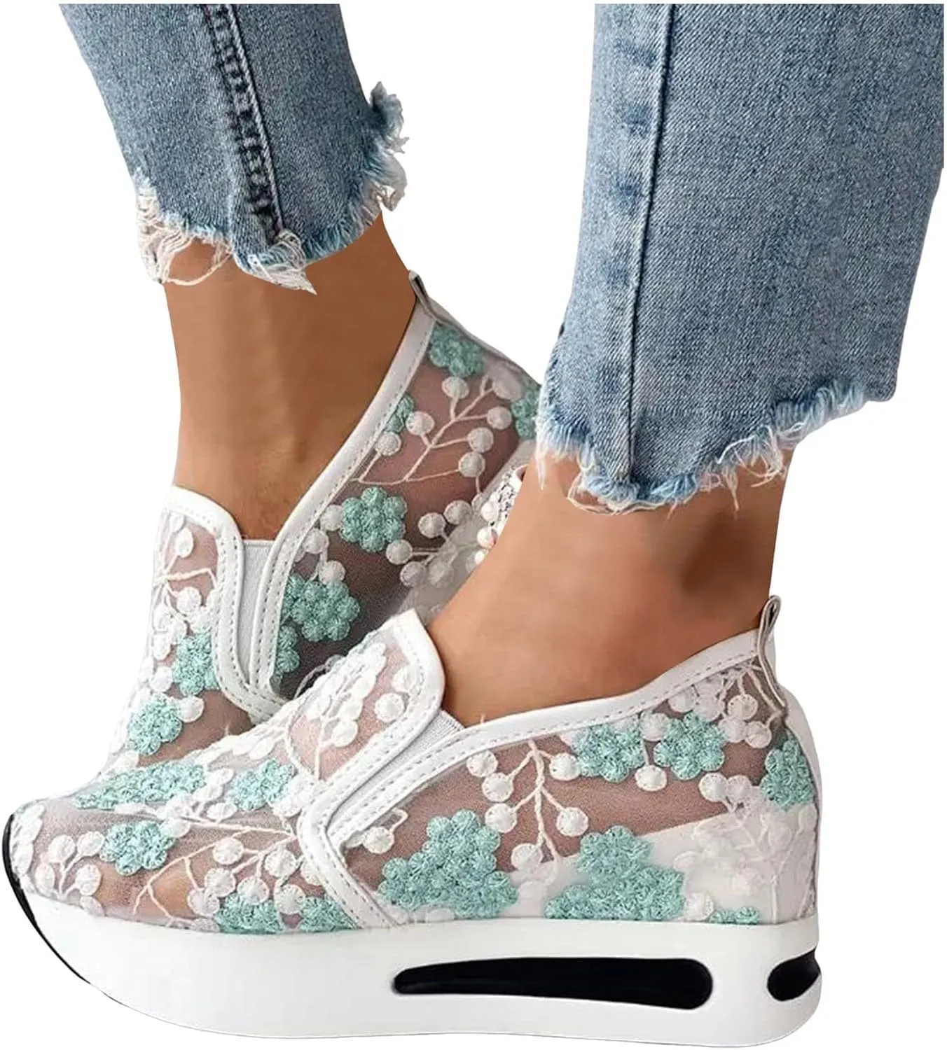 Women's Platform Wedge Sneakers Lightweight Breathable Mesh Floral Hollow Out Walking Shoes Summer Casual Slip on Fashion Sneakers Comfortable Inner Heightening Shoe