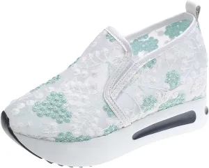 Women's Platform Wedge Sneakers Lightweight Breathable Mesh Floral Hollow Out Walking Shoes Summer Casual Slip on Fashion Sneakers Comfortable Inner Heightening Shoe