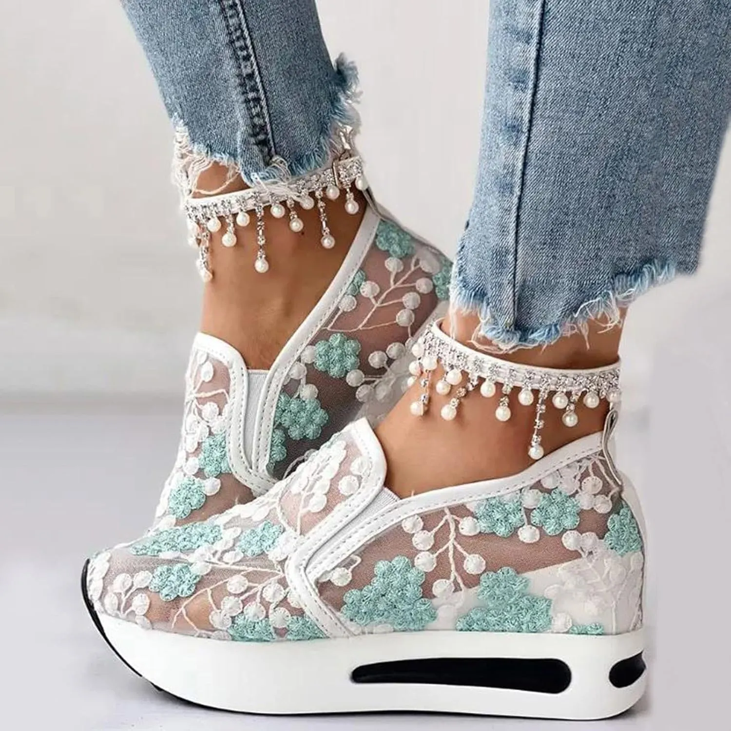 Women's Platform Wedge Sneakers Lightweight Breathable Mesh Floral Hollow Out Walking Shoes Summer Casual Slip on Fashion Sneakers Comfortable Inner Heightening Shoe