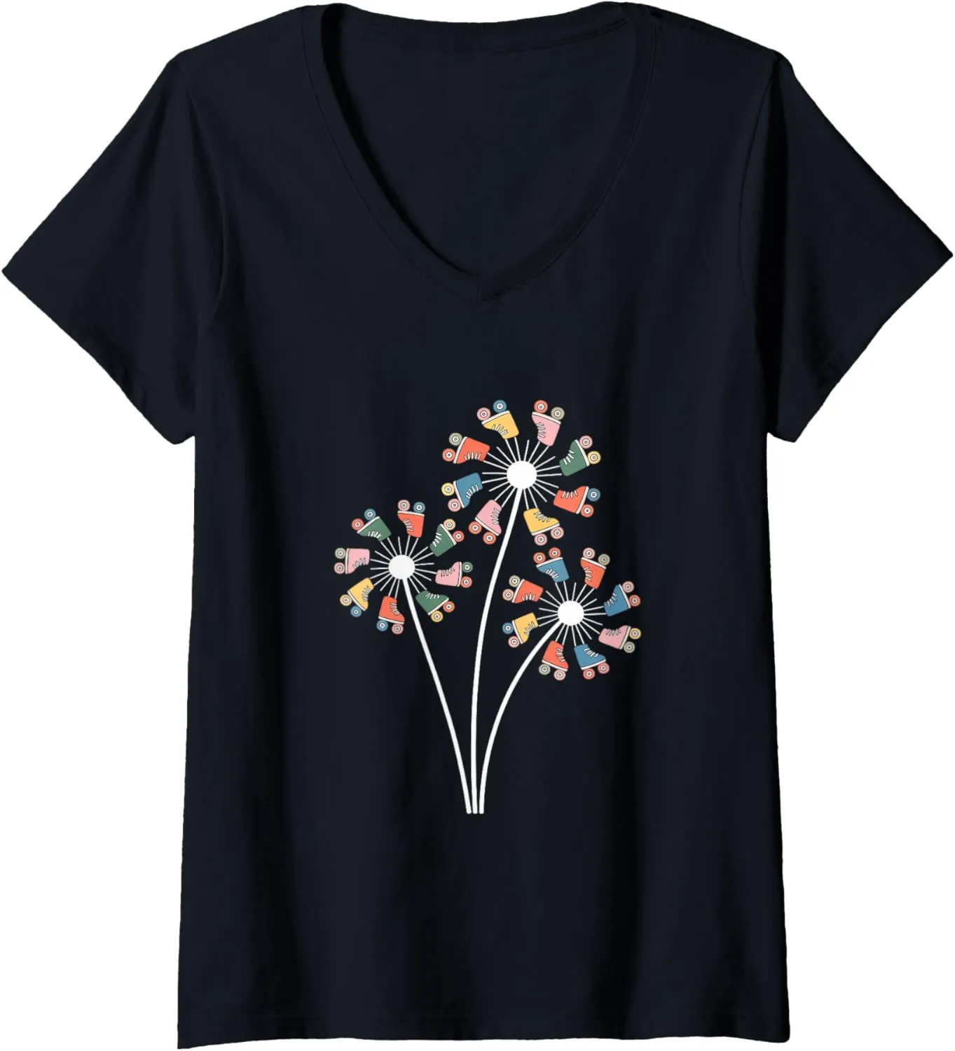 Womens Retro Dandelion Roller Skate Shoes Skater Roller Skating V-Neck T-Shirt