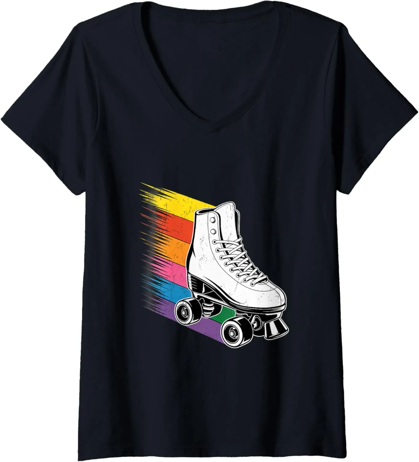Womens Roller Skate Shoes Rainbow Retro Vintage Roller Skating V-Neck T-Shirt