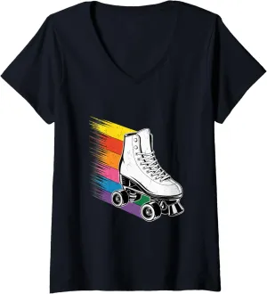 Womens Roller Skate Shoes Rainbow Retro Vintage Roller Skating V-Neck T-Shirt