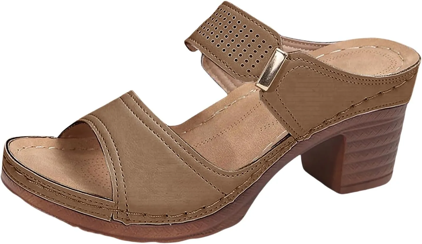 Womens Sandals Open Toe Block Heel Sandals Summer Dressy Slip on Wedge Sandal Comfortable Orthotic Arch Support Shoes Adjustable Ankle Strap Beach Walking Shoes