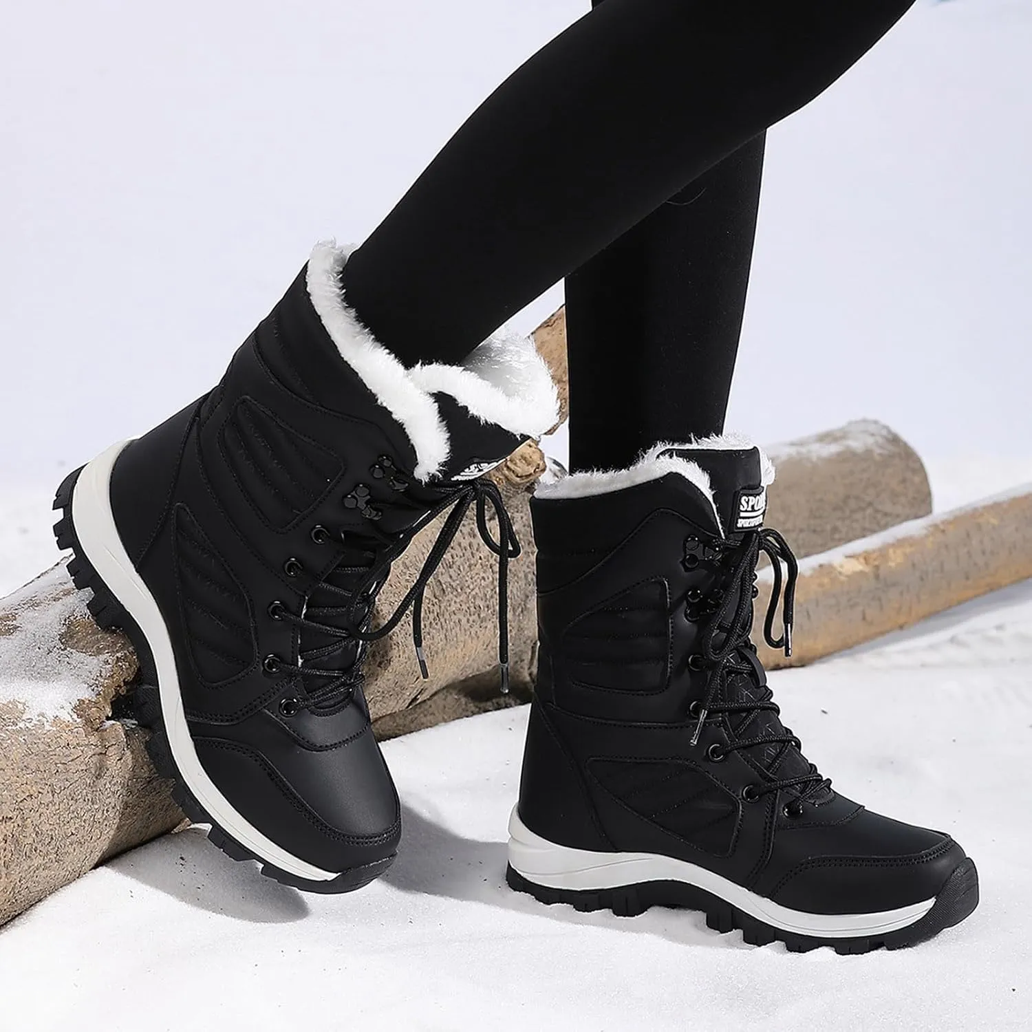 Womens Snow Boots Mid-Calf Winter Boots Warm Fur Lined Boots Waterproof Non-Slip Fur Boots Outdoor Ankle Boots