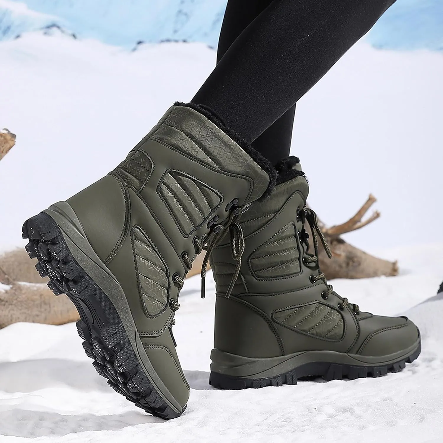 Womens Snow Boots Mid-Calf Winter Boots Warm Fur Lined Boots Waterproof Non-Slip Fur Boots Outdoor Ankle Boots