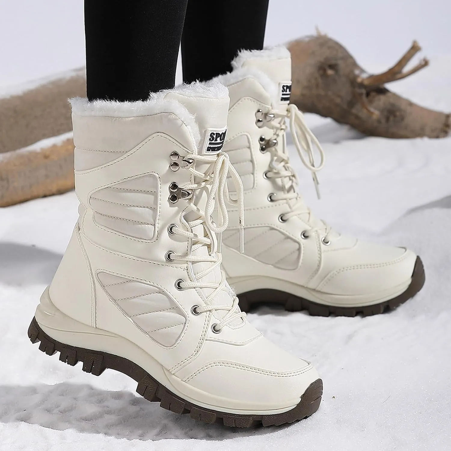 Womens Snow Boots Mid-Calf Winter Boots Warm Fur Lined Boots Waterproof Non-Slip Fur Boots Outdoor Ankle Boots