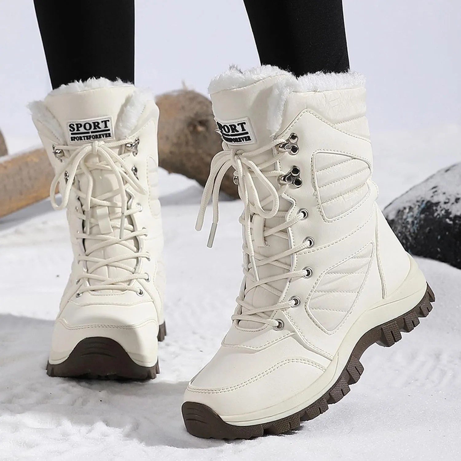 Womens Snow Boots Mid-Calf Winter Boots Warm Fur Lined Boots Waterproof Non-Slip Fur Boots Outdoor Ankle Boots
