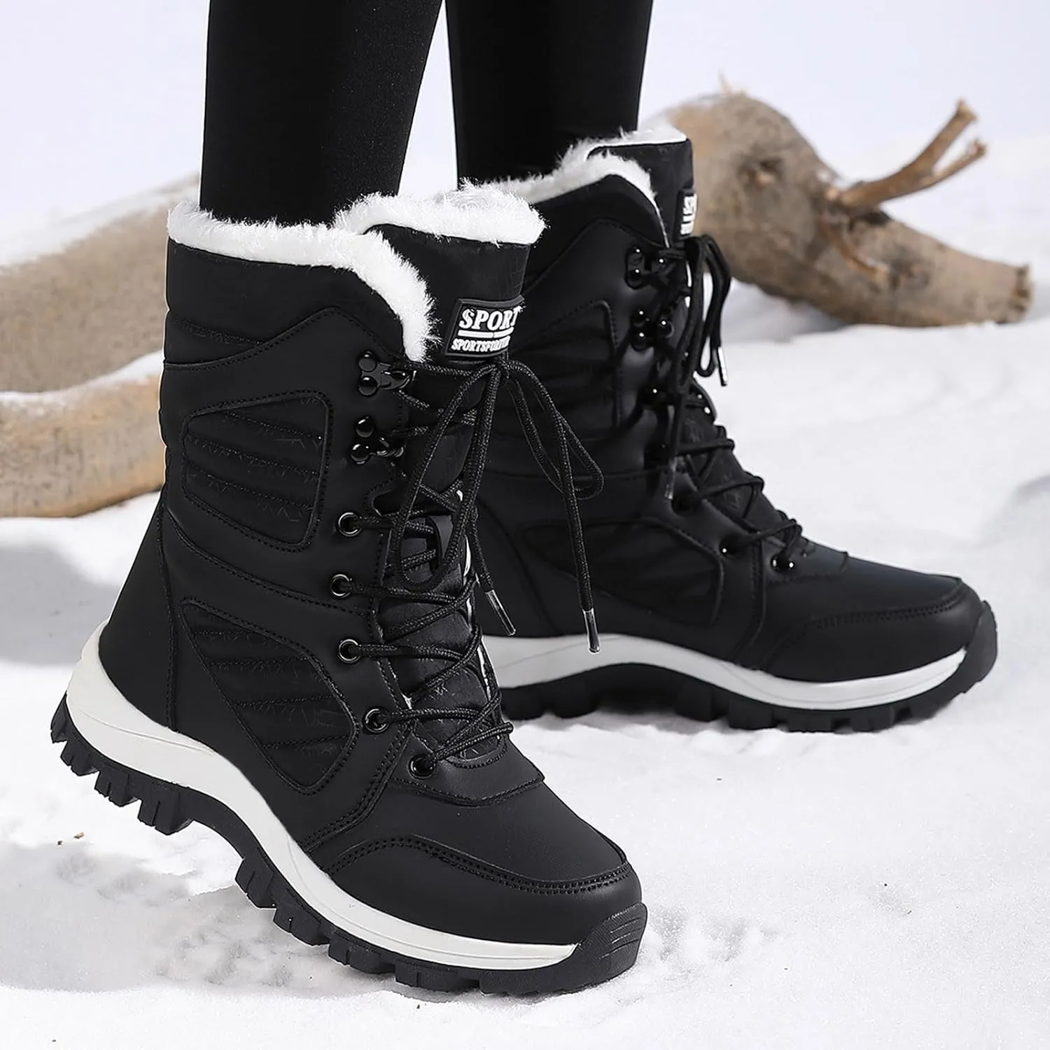 Womens Snow Boots Mid-Calf Winter Boots Warm Fur Lined Boots Waterproof Non-Slip Fur Boots Outdoor Ankle Boots