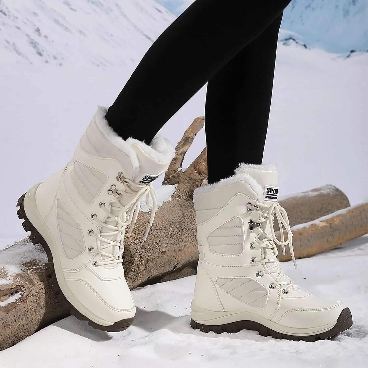 Womens Snow Boots Mid-Calf Winter Boots Warm Fur Lined Boots Waterproof Non-Slip Fur Boots Outdoor Ankle Boots