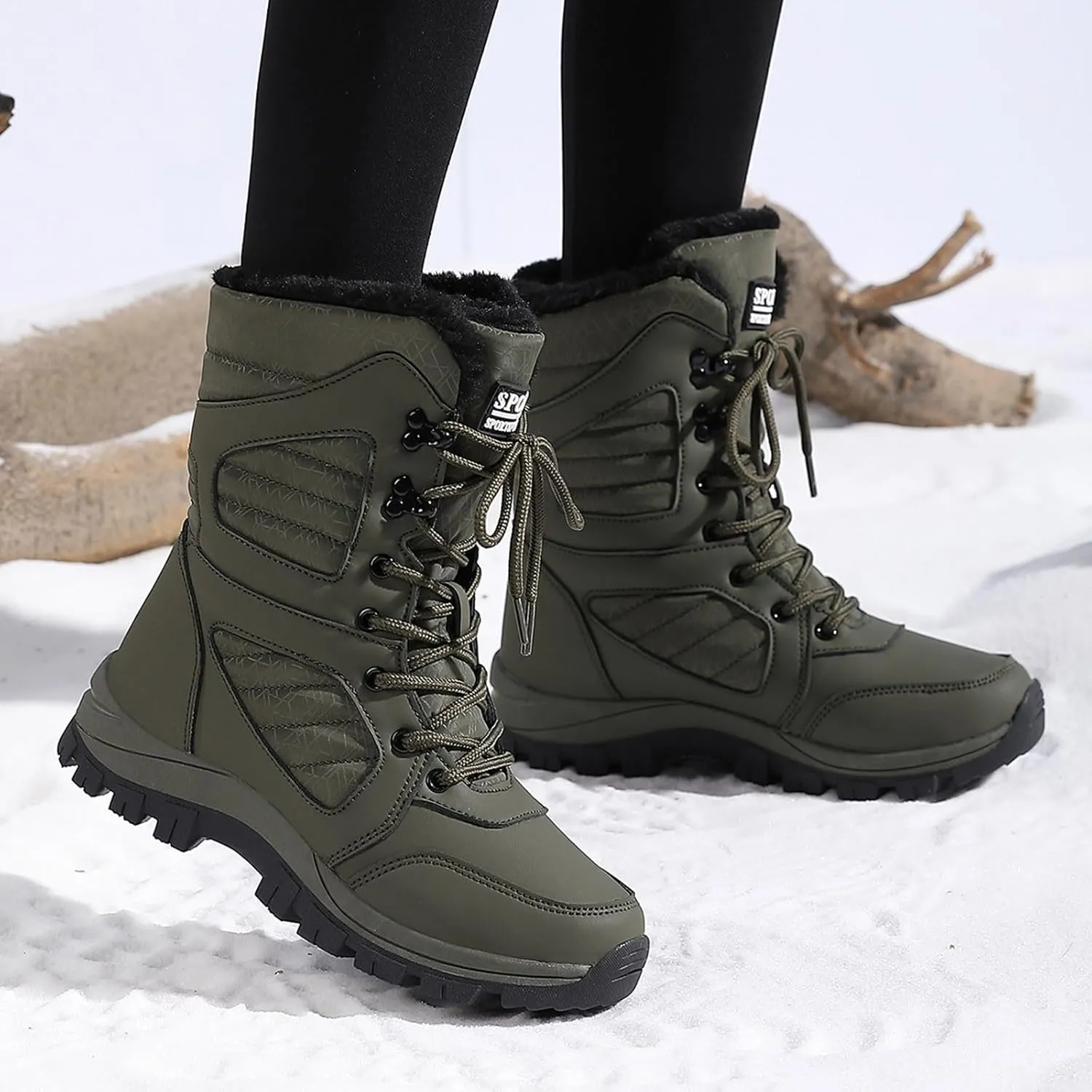 Womens Snow Boots Mid-Calf Winter Boots Warm Fur Lined Boots Waterproof Non-Slip Fur Boots Outdoor Ankle Boots