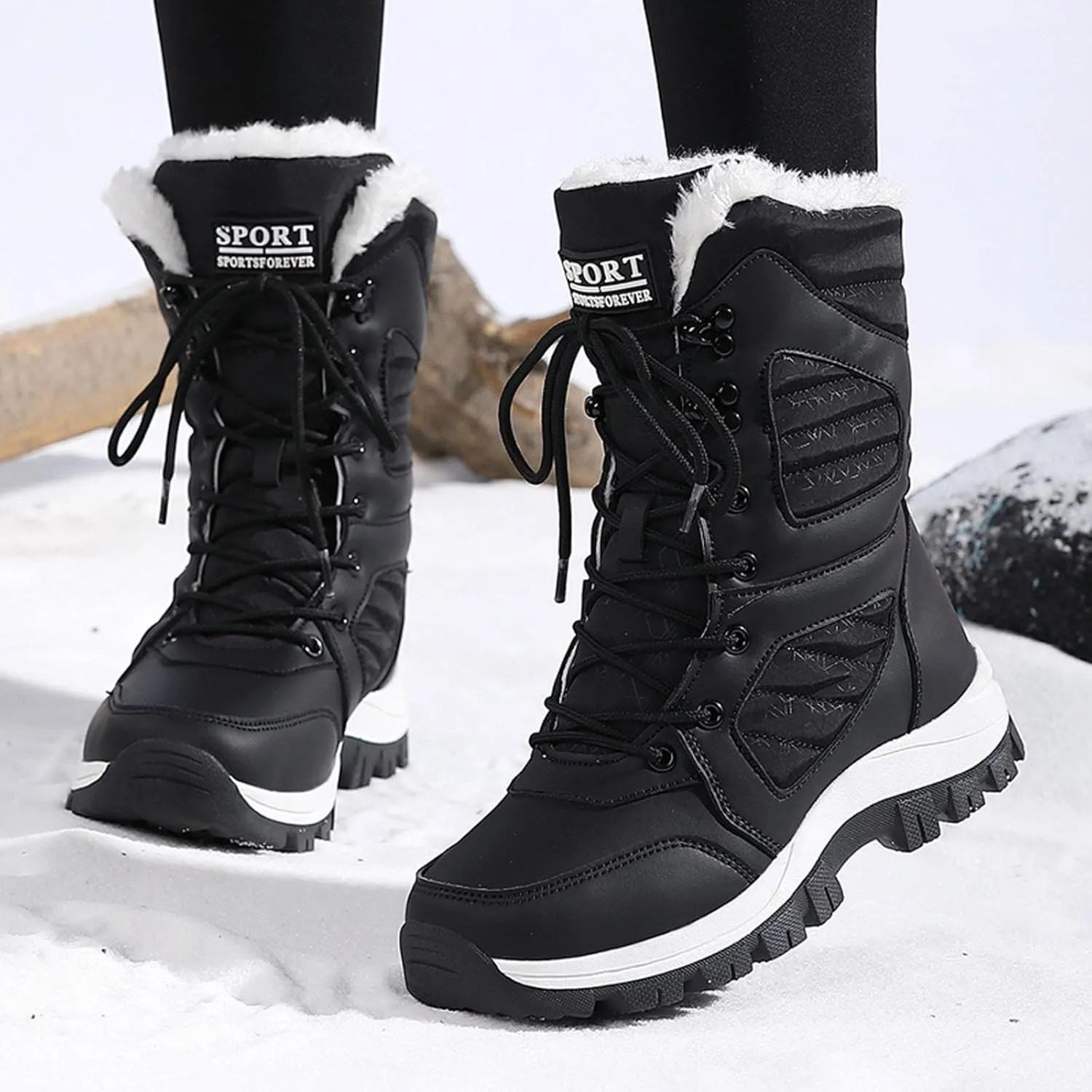 Womens Snow Boots Mid-Calf Winter Boots Warm Fur Lined Boots Waterproof Non-Slip Fur Boots Outdoor Ankle Boots