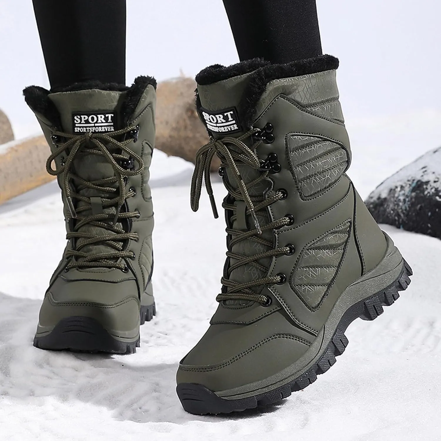 Womens Snow Boots Mid-Calf Winter Boots Warm Fur Lined Boots Waterproof Non-Slip Fur Boots Outdoor Ankle Boots