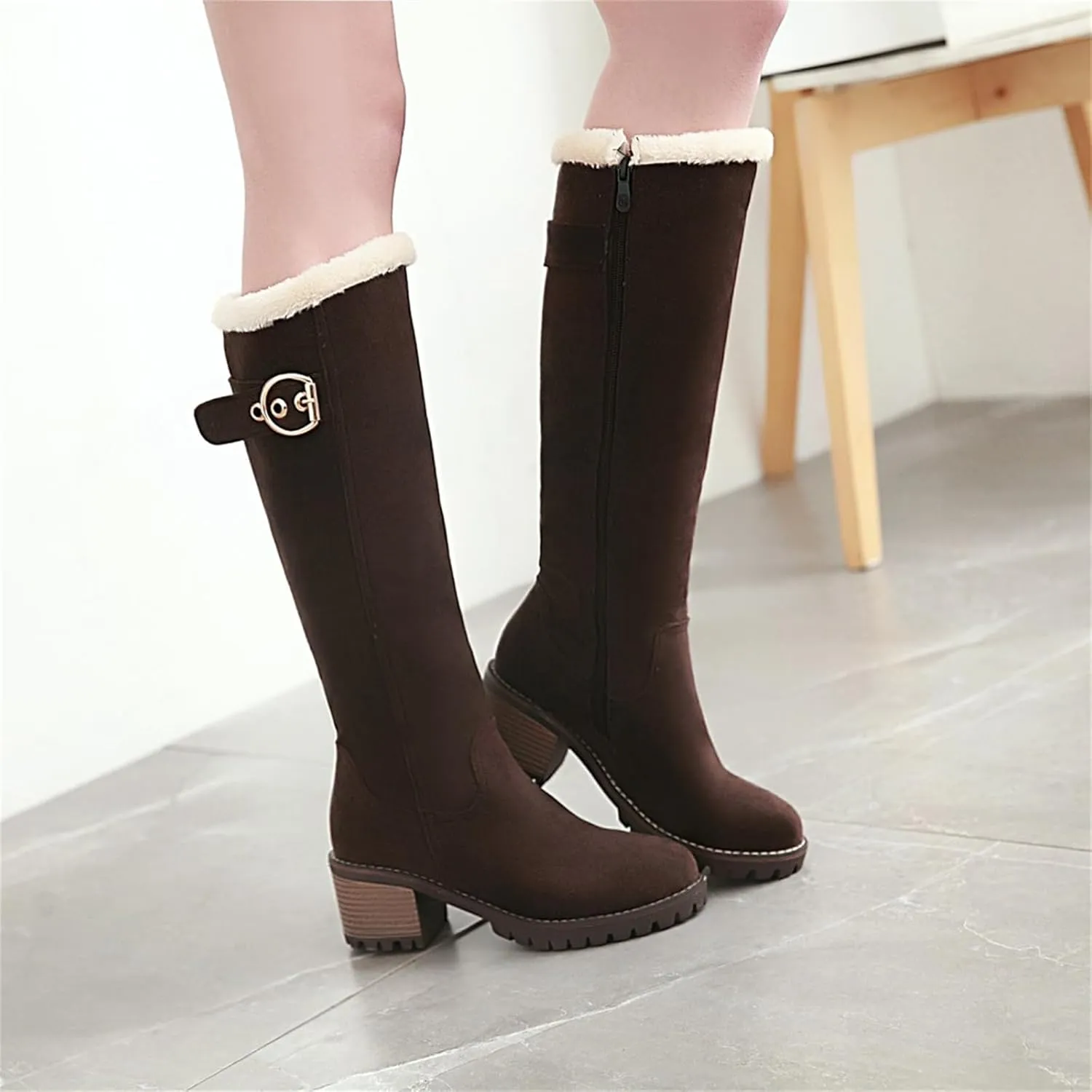 Women's Suede Vintage Knee High Boots Block Heels Closed Round Toe Zipper Thin Fur Lined Shoes Classic Wedding Winter Disco Party Club Dating Office Costume Booties