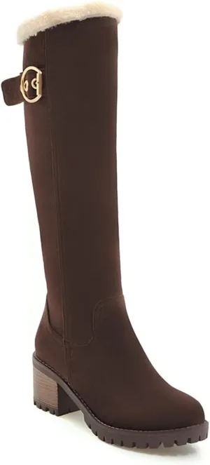 Women's Suede Vintage Knee High Boots Block Heels Closed Round Toe Zipper Thin Fur Lined Shoes Classic Wedding Winter Disco Party Club Dating Office Costume Booties