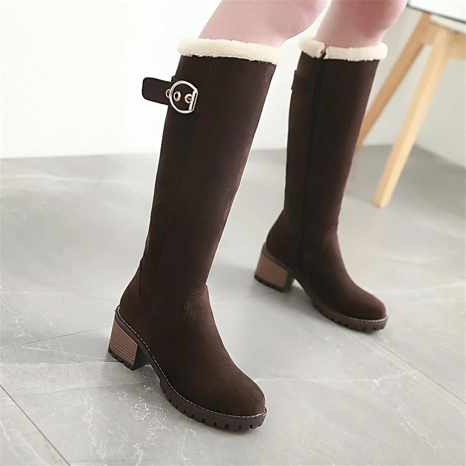 Women's Suede Vintage Knee High Boots Block Heels Closed Round Toe Zipper Thin Fur Lined Shoes Classic Wedding Winter Disco Party Club Dating Office Costume Booties