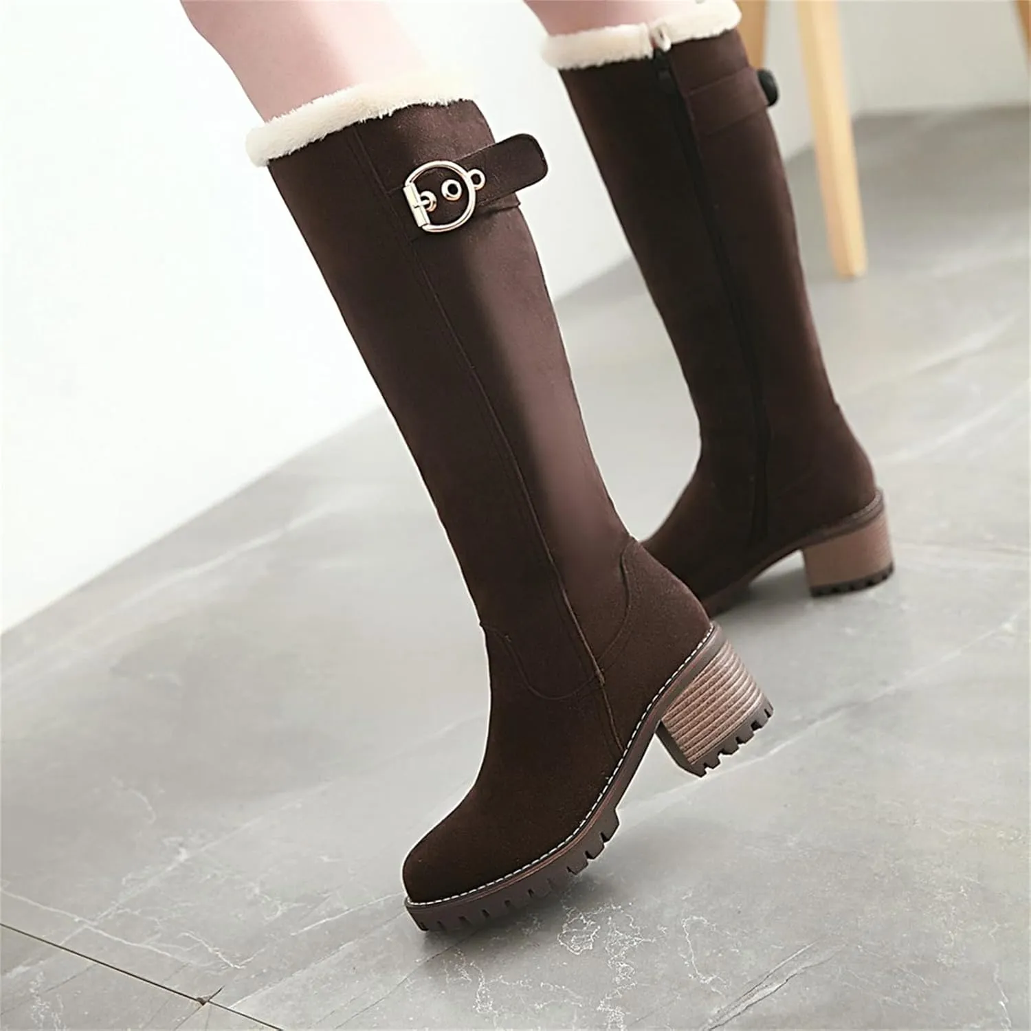Women's Suede Vintage Knee High Boots Block Heels Closed Round Toe Zipper Thin Fur Lined Shoes Classic Wedding Winter Disco Party Club Dating Office Costume Booties