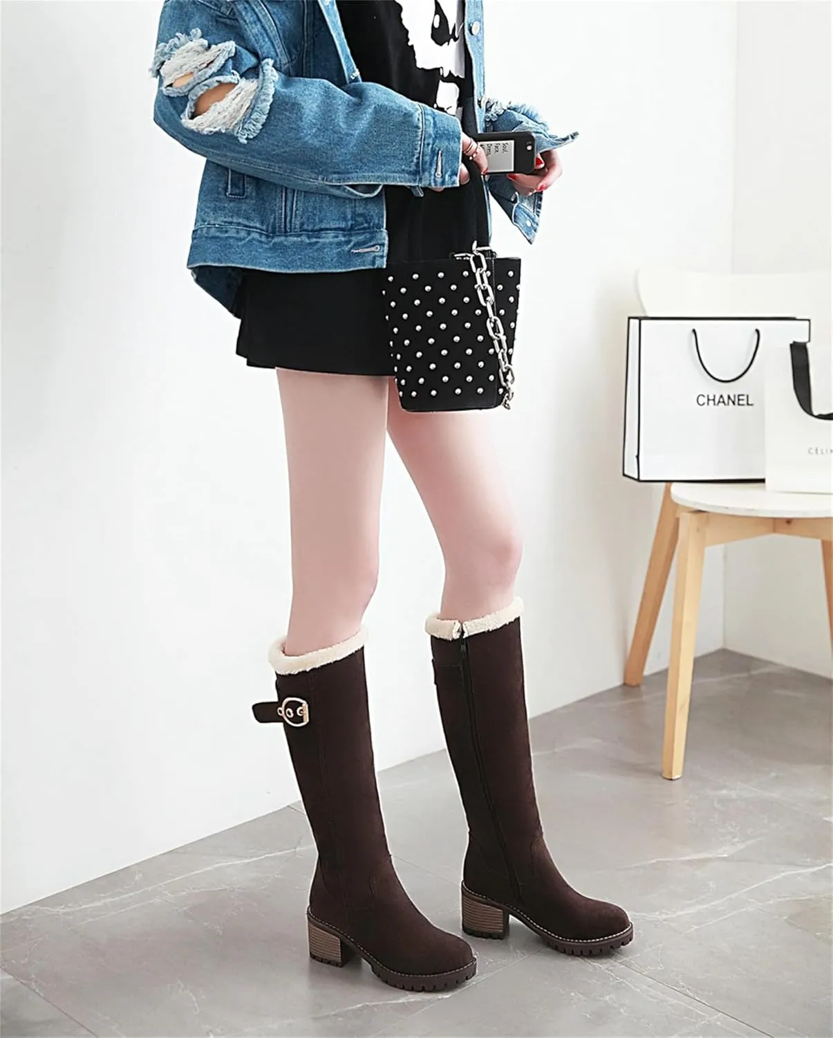 Women's Suede Vintage Knee High Boots Block Heels Closed Round Toe Zipper Thin Fur Lined Shoes Classic Wedding Winter Disco Party Club Dating Office Costume Booties