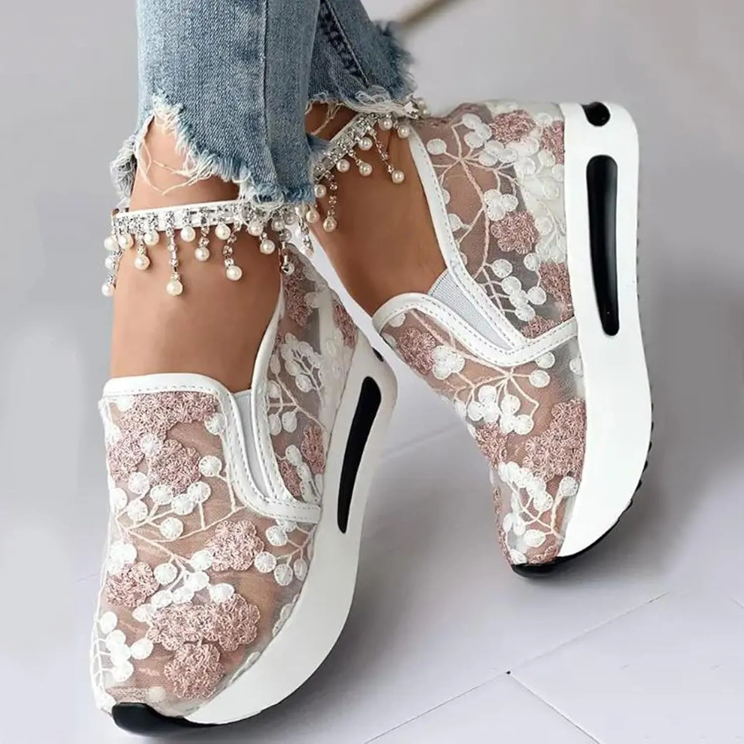 Womens Summer Walking Shoes Paltform Wedge Athletic Tennis Shoes Embroidery Floral Mesh Breathable Sneakers Lightweight Non Slip Casual Comfort Fashion Sneakers