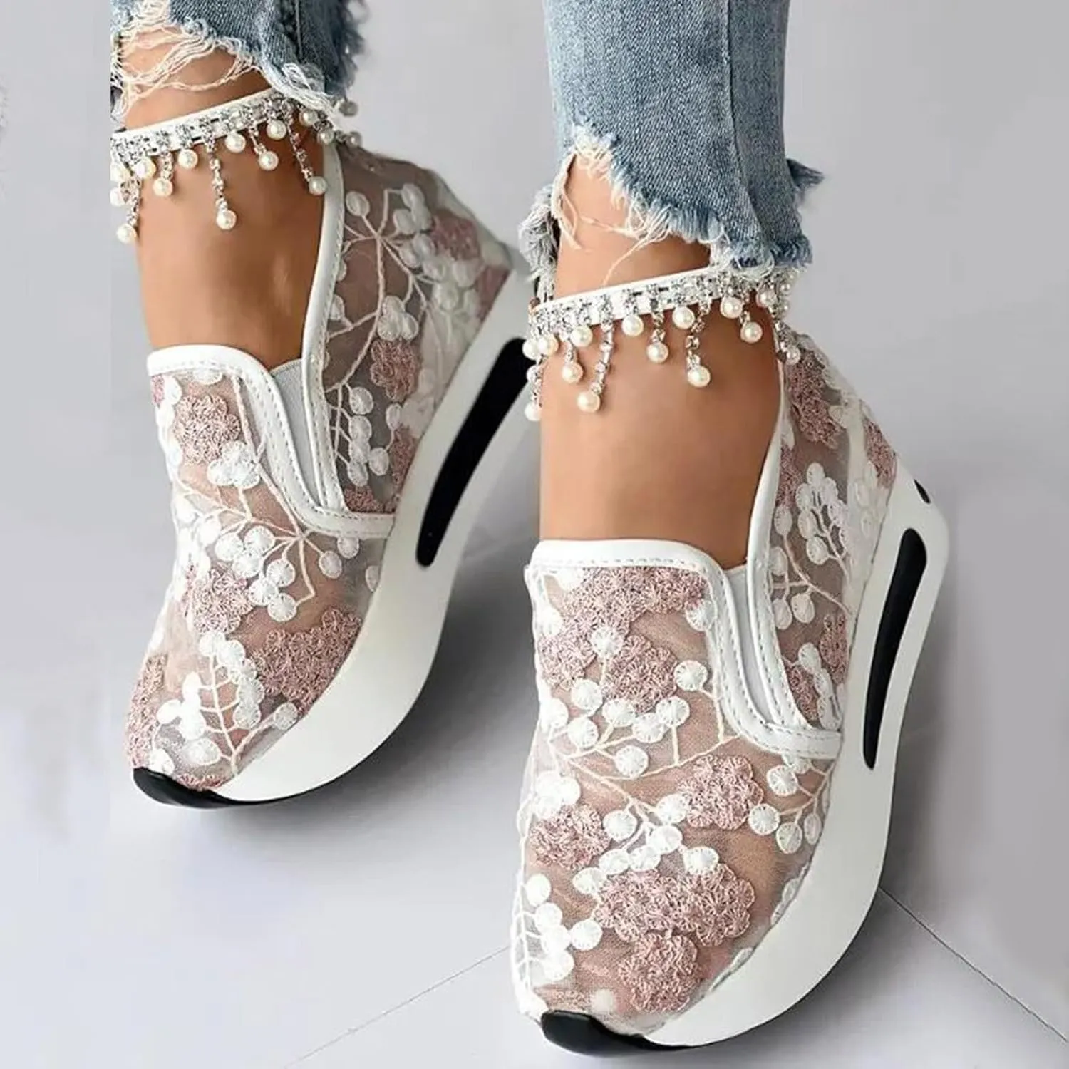 Womens Summer Walking Shoes Paltform Wedge Athletic Tennis Shoes Embroidery Floral Mesh Breathable Sneakers Lightweight Non Slip Casual Comfort Fashion Sneakers