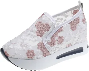 Womens Summer Walking Shoes Paltform Wedge Athletic Tennis Shoes Embroidery Floral Mesh Breathable Sneakers Lightweight Non Slip Casual Comfort Fashion Sneakers