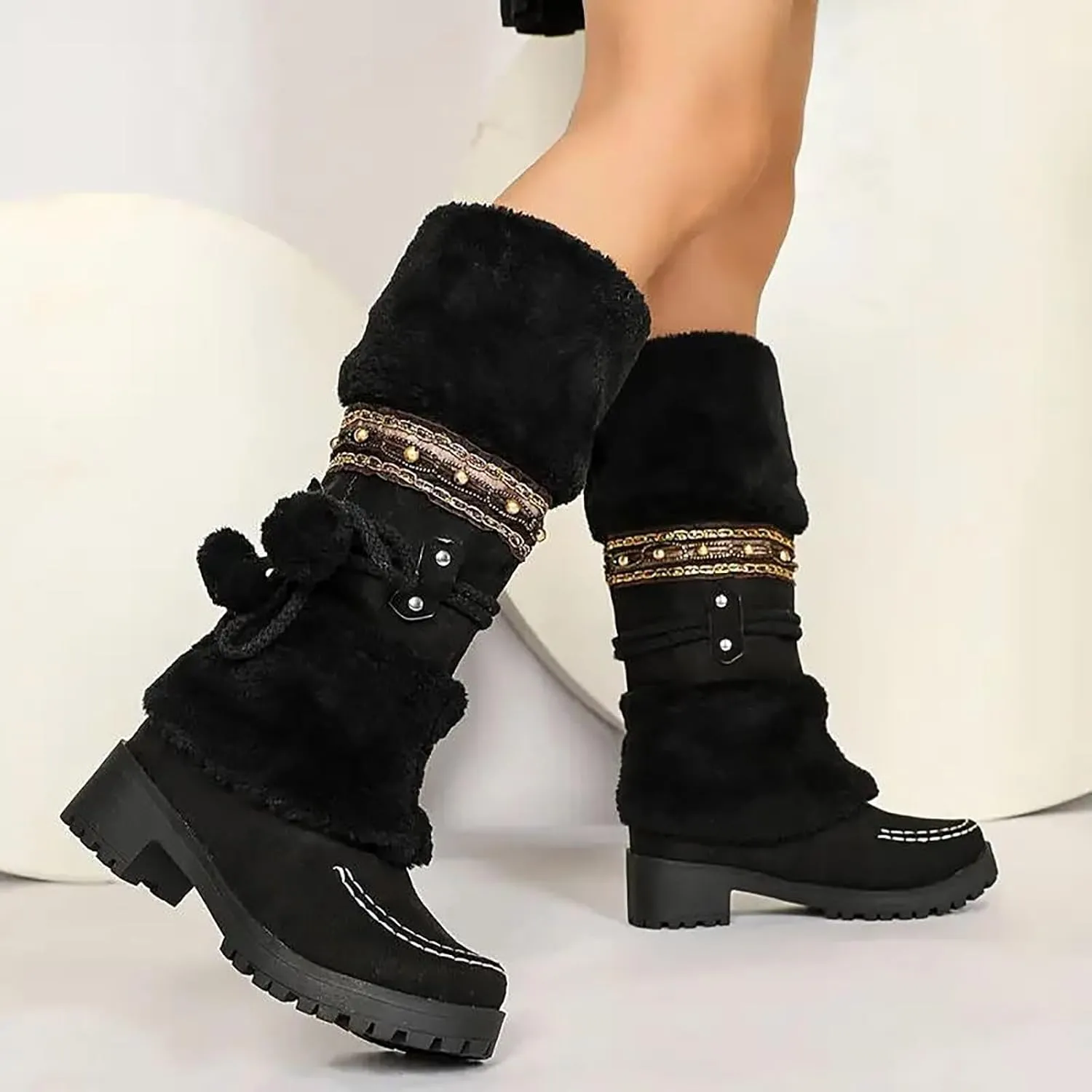 Women's Winter Boots Fleece Lined Warm Snow Boots Middle Heel Non Slip Mid Calf Boots Stylish Winter Boots