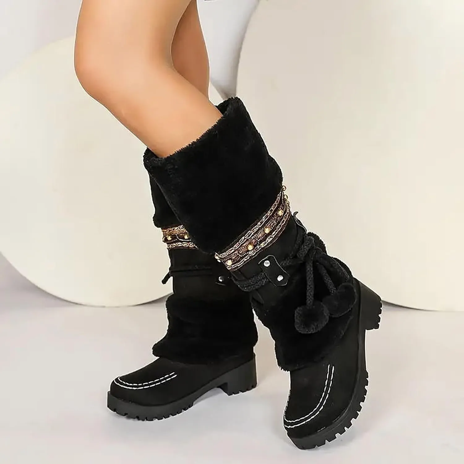 Women's Winter Boots Fleece Lined Warm Snow Boots Middle Heel Non Slip Mid Calf Boots Stylish Winter Boots