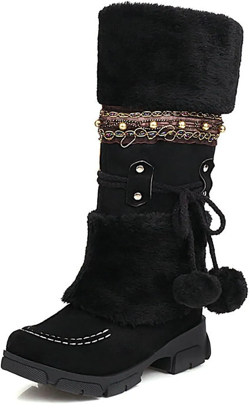 Women's Winter Boots Fleece Lined Warm Snow Boots Middle Heel Non Slip Mid Calf Boots Stylish Winter Boots