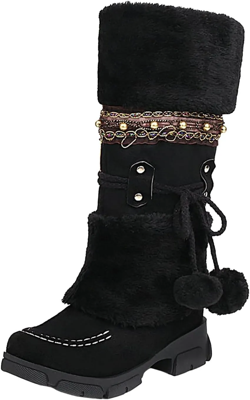 Women's Winter Boots Fleece Lined Warm Snow Boots Middle Heel Non Slip Mid Calf Boots Stylish Winter Boots
