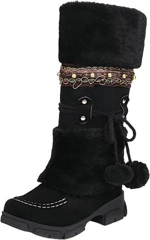 Women's Winter Boots Fleece Lined Warm Snow Boots Middle Heel Non Slip Mid Calf Boots Stylish Winter Boots